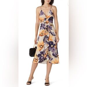 O.P.T Damiana Floral Satin Midi Dress Cream Multi Color Ruched Silky Sz Medium